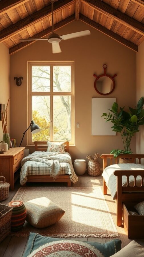 A cozy teen boy bedroom with earthy tones, wooden furniture, and plants.