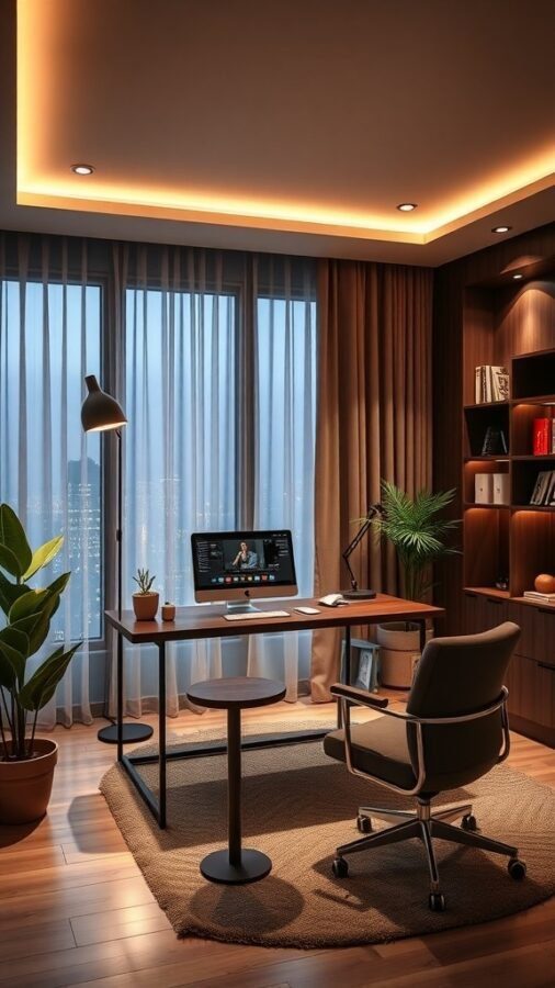 10 Must-Have Lighting Solutions for Your Home Office 8 A modern home office with smart lighting, featuring pendant lights and a timer on a phone.