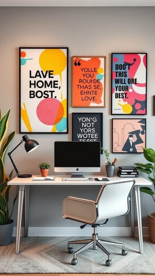 A stylish home office with colorful wall art, a desk, and a computer.