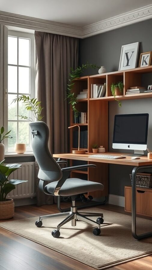 A cozy home office featuring an ergonomic chair, wooden desk, and decorative plants.