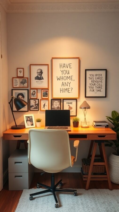 A stylish home office desk with framed art on the wall, a computer, and plants.