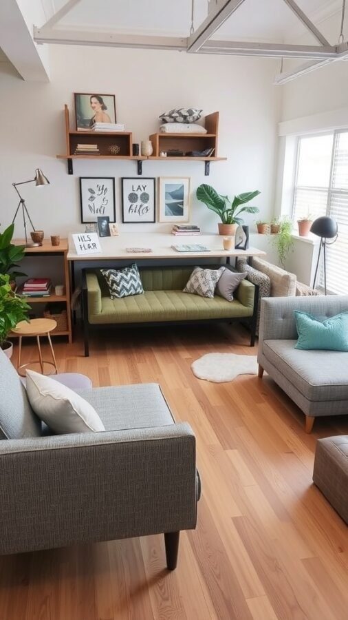 Cozy home office layout featuring a green daybed, gray seating, and decorative shelves.