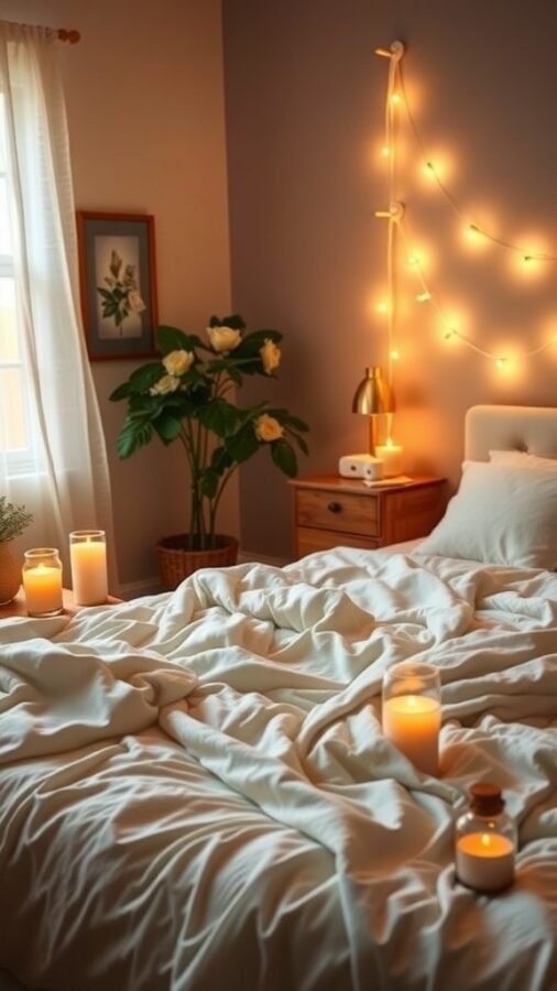 13 Essential Items for a Cozy Bedroom Retreat 13 A cozy bedroom with soft bedding, candles, and a plant, creating a warm atmosphere.