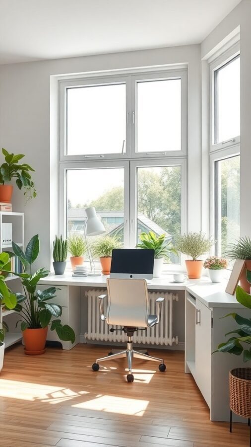 Bright home office with large windows and indoor plants