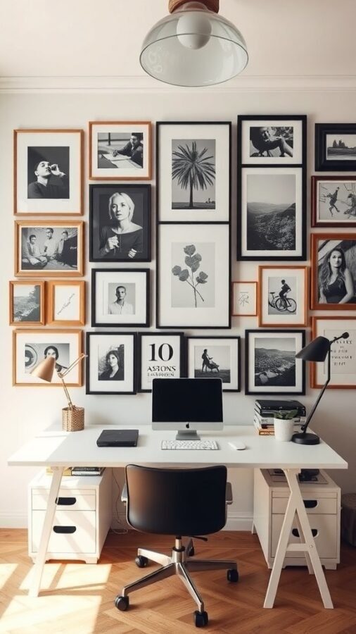 11 Inspiring Home Office Wall Decor Ideas to Boost Your Productivity 5 A stylish home office with a gallery wall featuring black-and-white framed photos and art pieces.