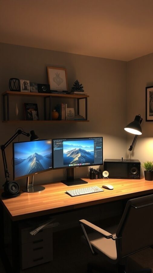 10 Must-Have Lighting Solutions for Your Home Office 10 A modern home office setup featuring two monitors, a desk lamp, and a stylish clock.