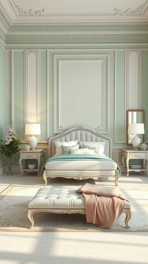 13 Stunning Sage Green Bedroom Ideas for a Serene Retreat 8 A beautifully designed bedroom featuring sage green walls, white furniture, and elegant decor.