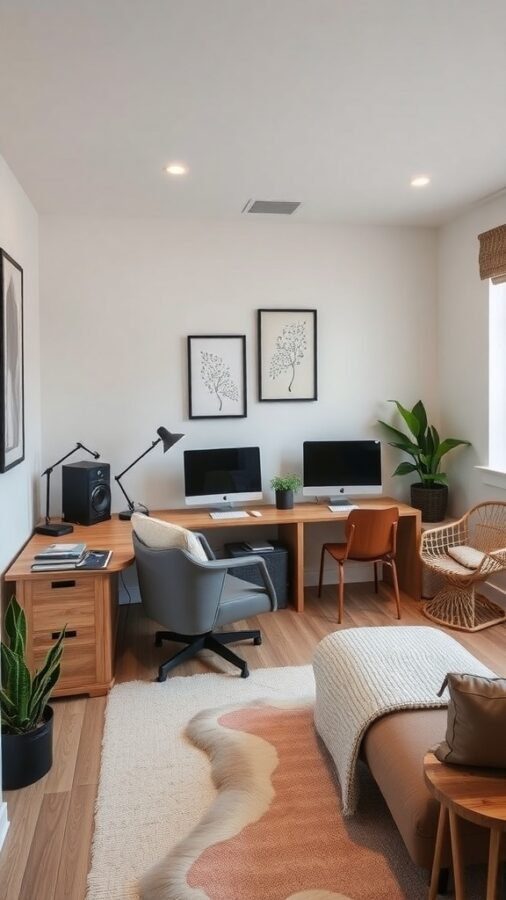 A stylish home office with two desks, a cozy chair, and plants, creating a multi-functional workspace.