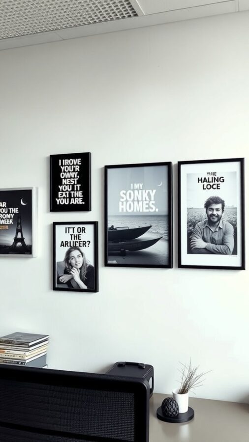 9 Must-Have Items for the Ultimate Home Office for Men 6 A collection of framed wall art in a home office, featuring quotes and images in black and white.