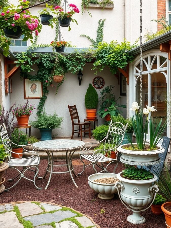 A vintage garden decor featuring metal chairs, a round table, and various potted plants with hanging flowers.