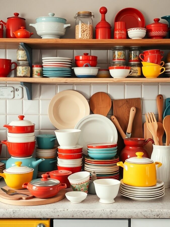 A colorful display of vintage kitchenware including pots, plates, and bowls on wooden shelves.
