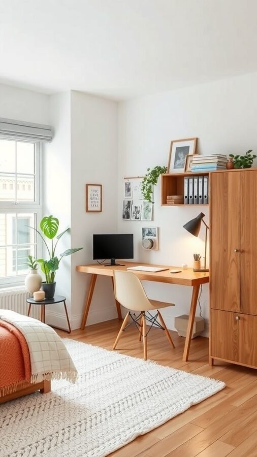10 Stylish Elements for a Modern Home Office Upgrade 10 A modern home office featuring a wooden desk, a computer, and plants, creating a cozy and functional workspace.