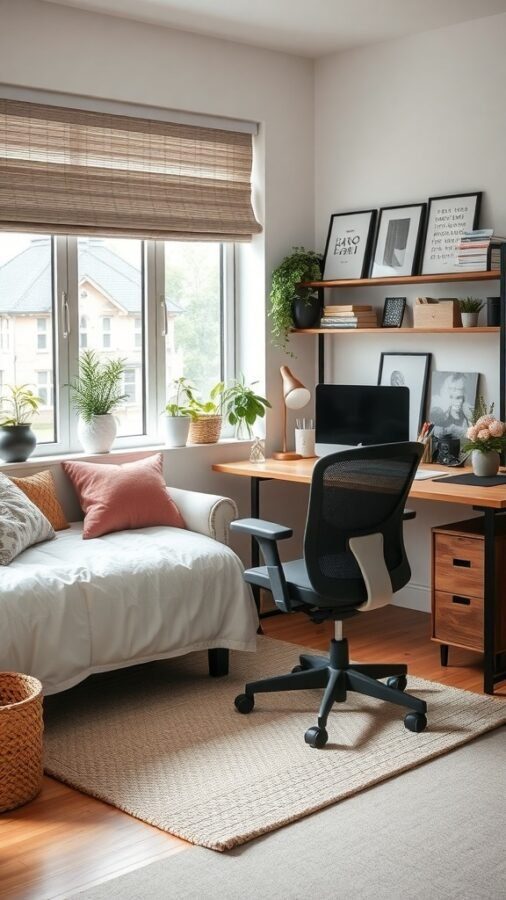 A cozy home office featuring a daybed, desk, and plants, designed for productivity.