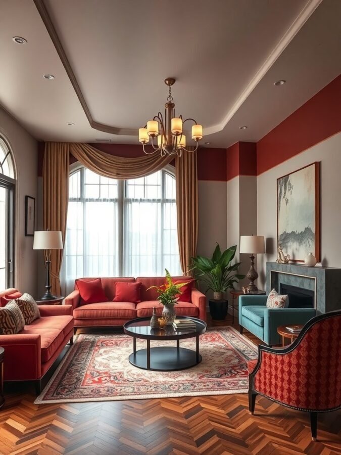 A stylish living room featuring Art Deco design elements with red and teal furniture, a round coffee table, and elegant lighting.