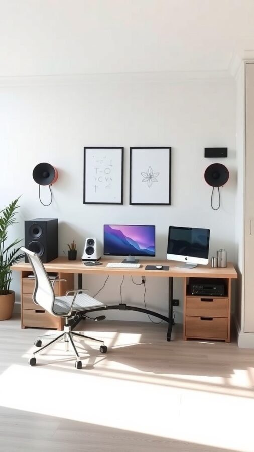 A modern home office setup featuring two monitors, a stylish desk, and a comfortable chair, with plants and artwork.