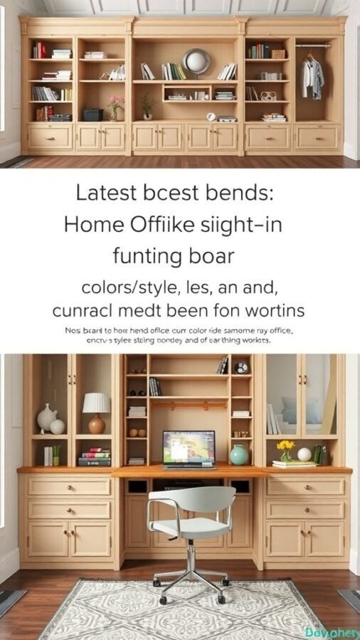 A home office built-in unit with light wood finish, shelves, and a spacious desk area.