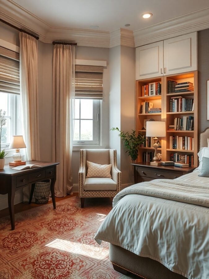 Cozy reading nook in a master bedroom with an armchair, bookshelf, and warm decor.