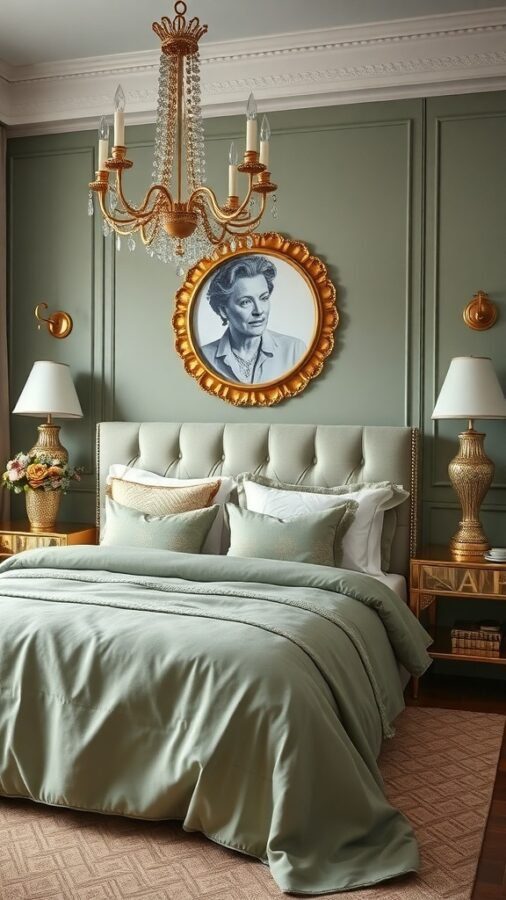 13 Stunning Sage Green Bedroom Ideas for a Serene Retreat 2 A stylish sage green bedroom featuring a golden chandelier, ornate mirror, and layered bedding.