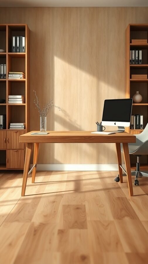 A modern home office with a wooden desk, computer, and bookshelves.