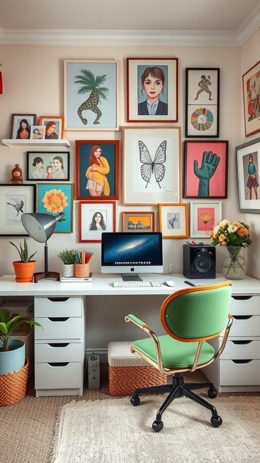 A stylish home office with colorful wall art, a desk with a computer, and a green chair.