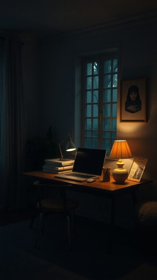 A cozy home office with soft lighting, featuring a desk, laptop, and decorative items.