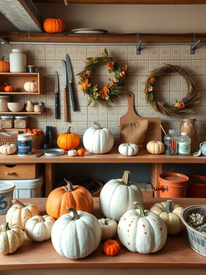 A cozy kitchen scene with various pumpkins and wreaths for fall decor.