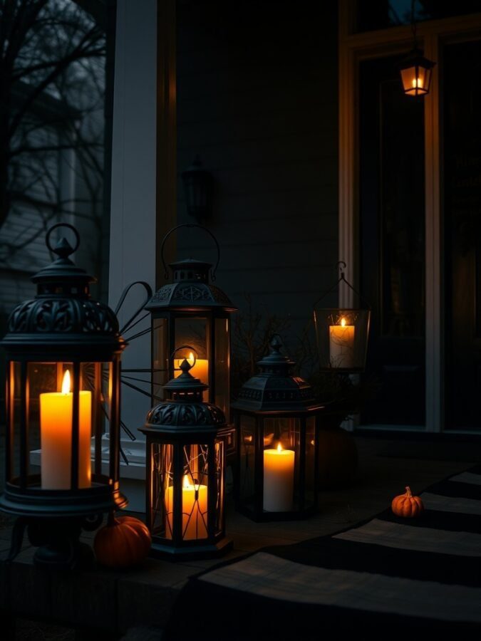 12 Spooktacular Halloween Home Decor Ideas to Transform Your Space 5 A collection of spooky lanterns with candles glowing warmly, surrounded by small pumpkins on a porch.