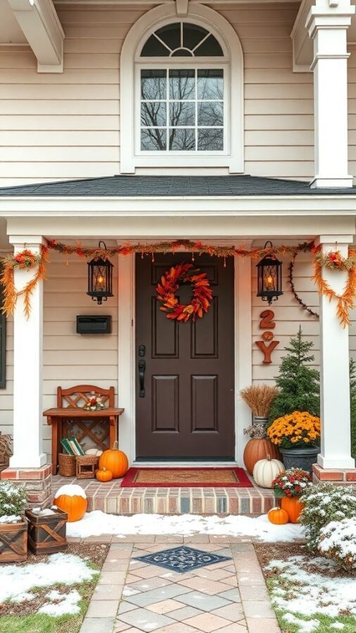 11 Cozy Home Decor Must-Haves for a Warm and Inviting Space 4 A cozy front porch decorated for fall with pumpkins, a wreath, and lanterns.