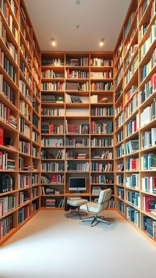 A home office library with tall bookshelves filled with books, a desk, and a chair.