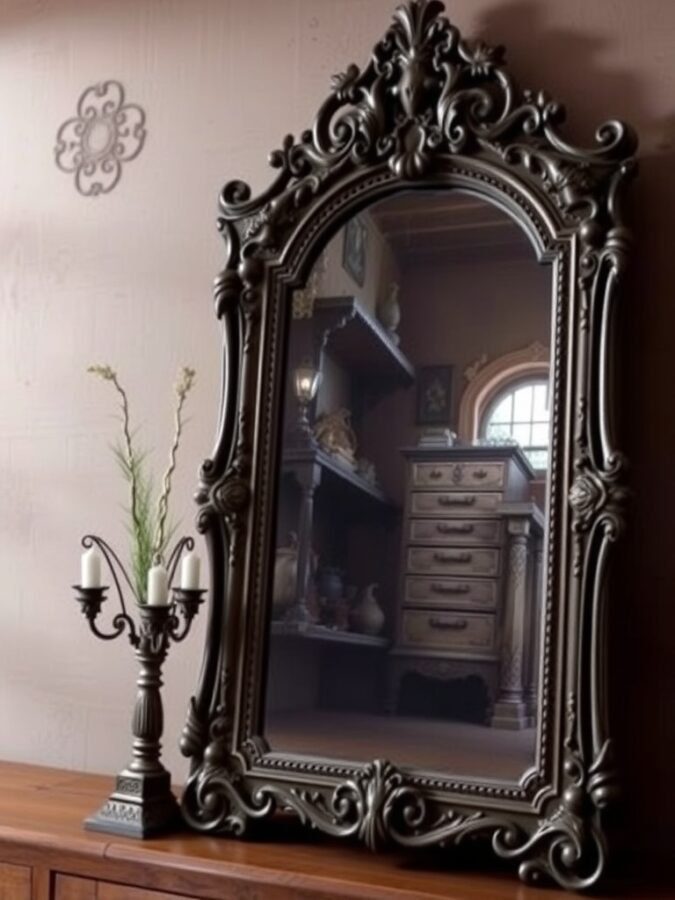 A gothic mirror with an ornate frame, reflecting a stylish interior with a candle holder beside it.