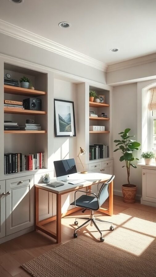 A bright home office with built-in shelves, a desk, and a plant, showcasing effective lighting.