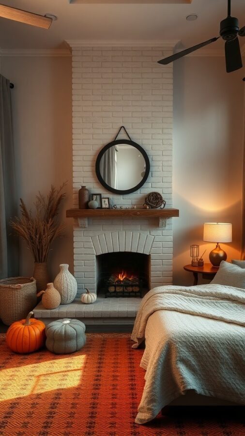 A cozy fall bedroom with a fireplace, pumpkins, and warm lighting.