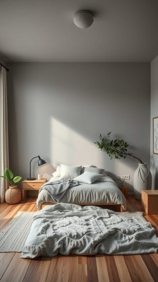 A serene grey bedroom featuring a bed with soft linens, wooden flooring, and a potted plant.