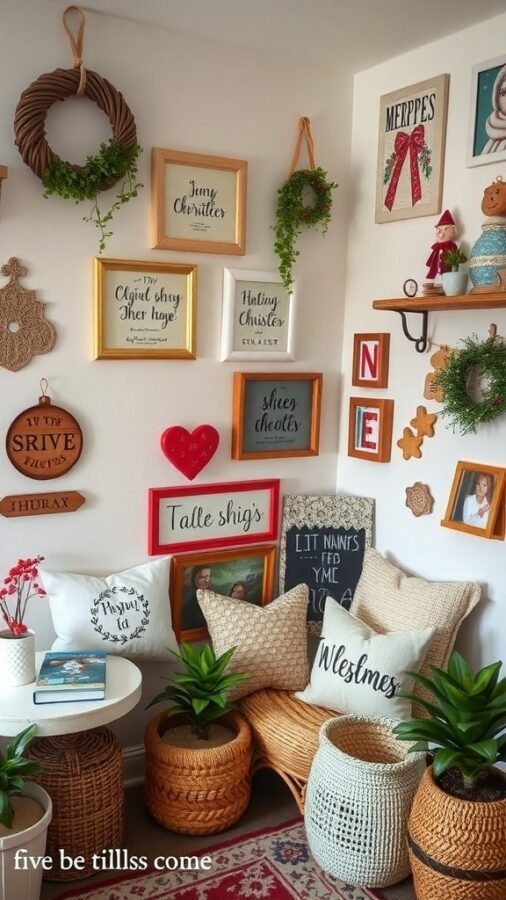 A cozy decorated corner with framed quotes, decorative pillows, and plants.