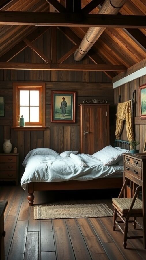13 Awesome Home Decor Inspo to Transform Your Space 4 A rustic farmhouse bedroom featuring wooden beams, a simple bed with white linens, vintage artwork, and a warm wooden wardrobe.