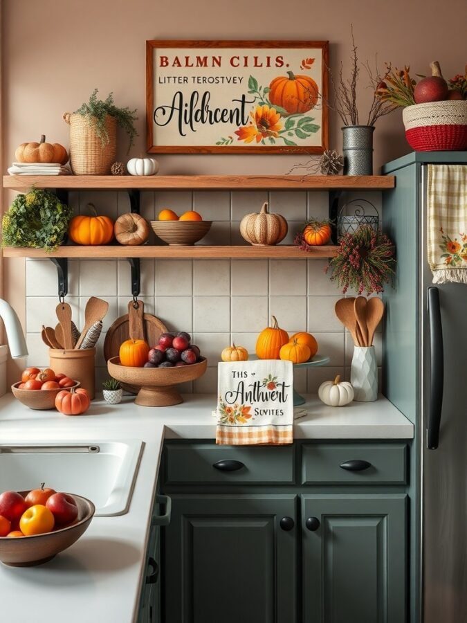 A cozy kitchen decorated with pumpkins, fruits, and autumn-themed decor.