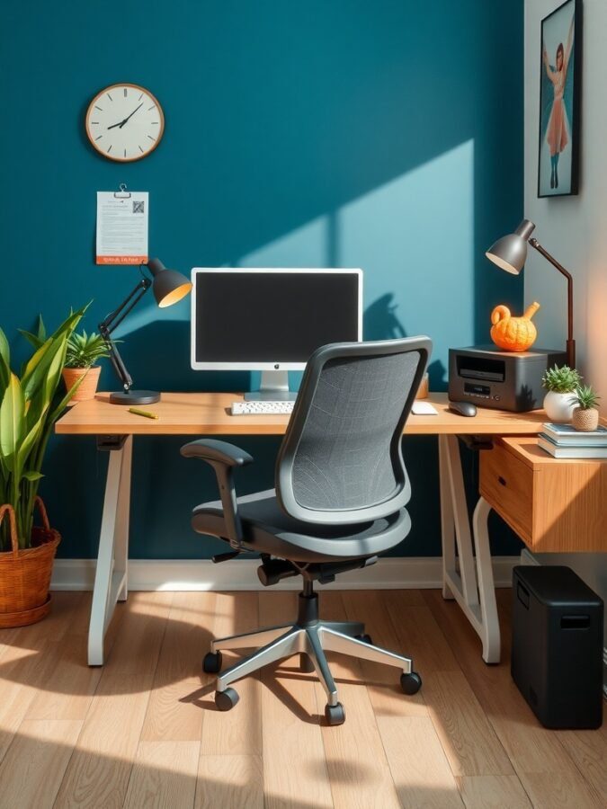 A modern home office setup featuring an ergonomic chair, a spacious desk, and plants, with good lighting.