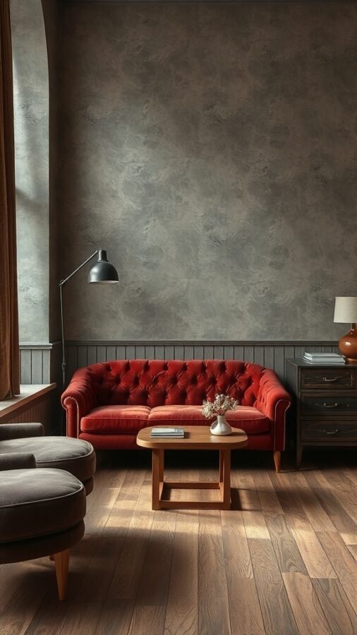 Cozy living room with a red tufted sofa, wooden floor, and modern lamp.
