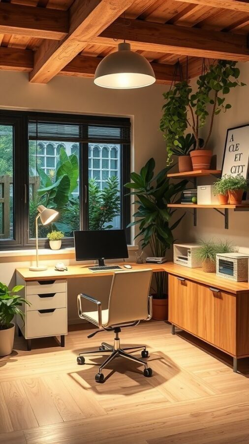10 Must-Have Lighting Solutions for Your Home Office 9 A well-lit home office with a desk, plants, and a recycling bin.