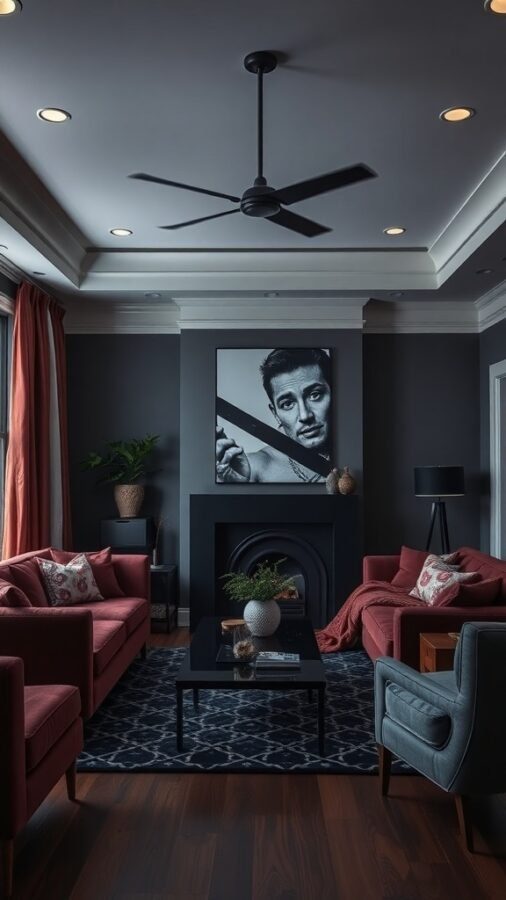 10 Stunning Dark Home Decor Ideas to Transform Your Space 5 A cozy living room with dark walls, red sofas, and a striking piece of artwork.