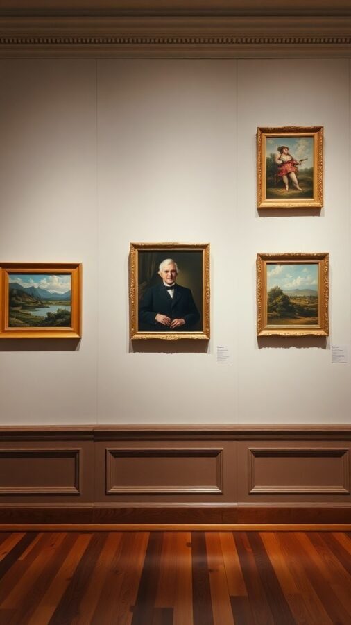 A gallery wall with framed portraits and landscapes in a traditional setting.