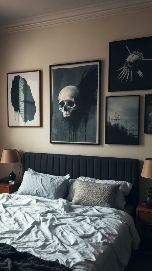 A moody bedroom with artistic wall decor featuring skull illustrations and abstract art.