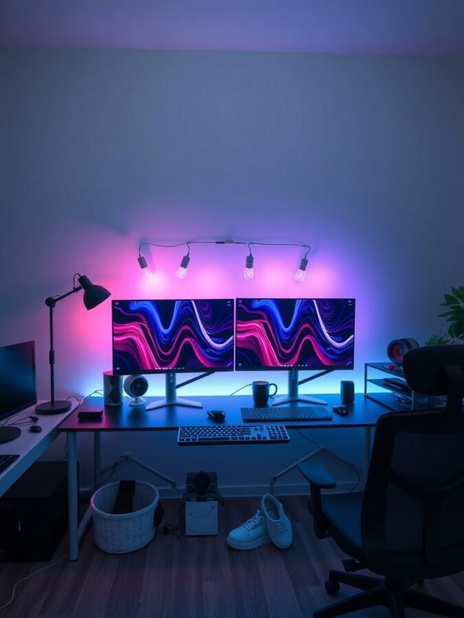 A modern home office setup with dual monitors, a keyboard, and colorful lighting.