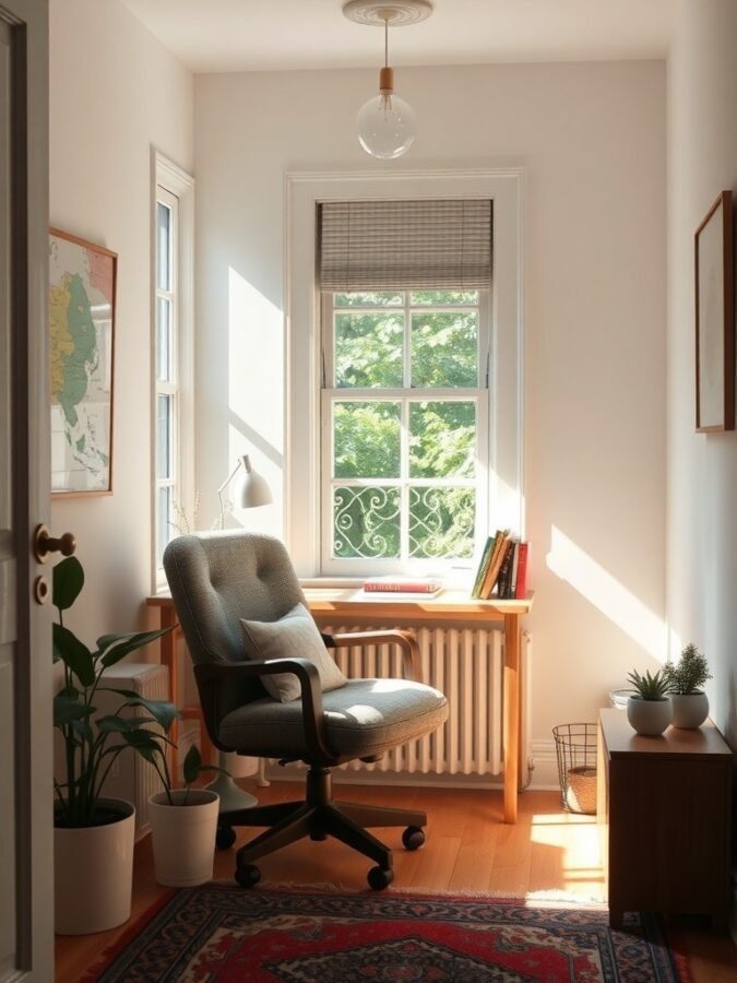 A cozy home office nook with a chair, desk, and plants, illuminated by natural light from a window.