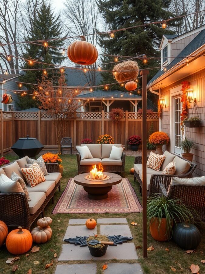Cozy outdoor seating area decorated for autumn with pumpkins and string lights.