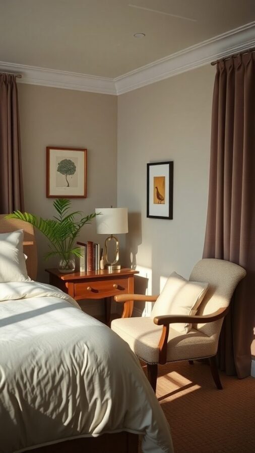 A cozy guest bedroom with a soft chair, side table, and warm lighting.