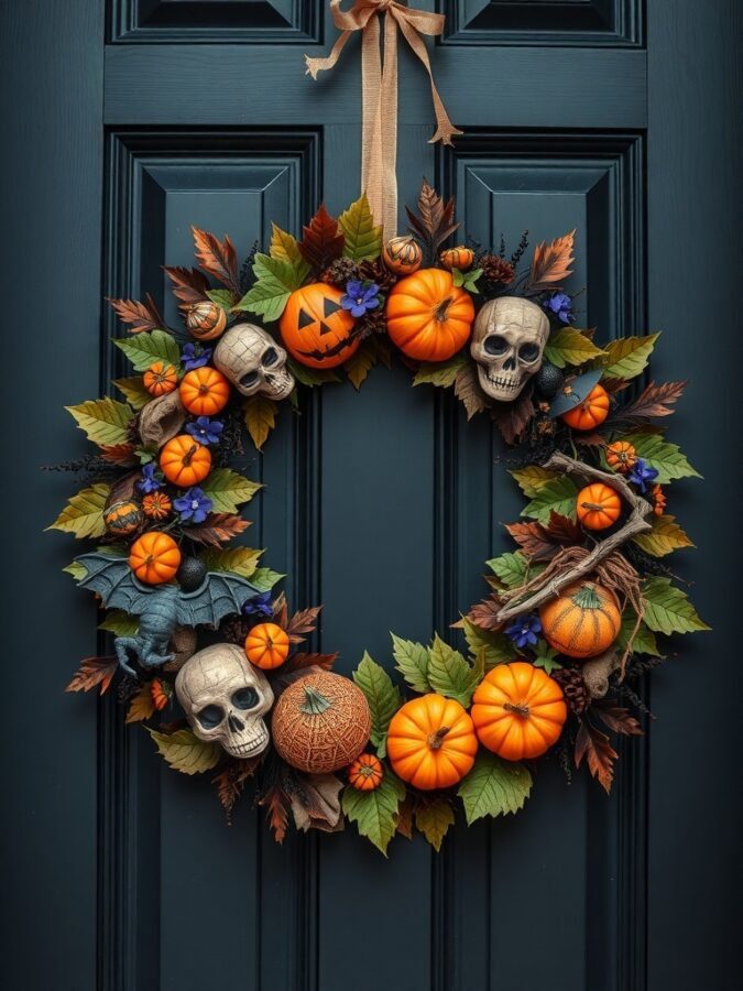 12 Spooktacular Halloween Home Decor Ideas to Transform Your Space 6 A Halloween wreath featuring pumpkins, skulls, and leaves, hanging on a dark blue door.