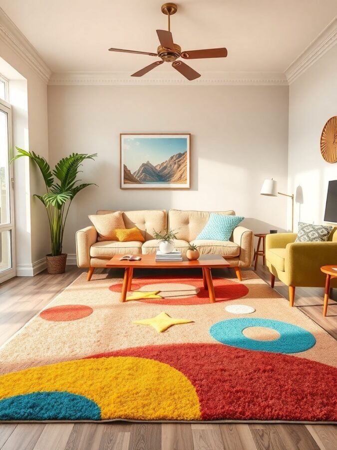 A colorful and playful rug with circles and stars in a cozy living room setting.
