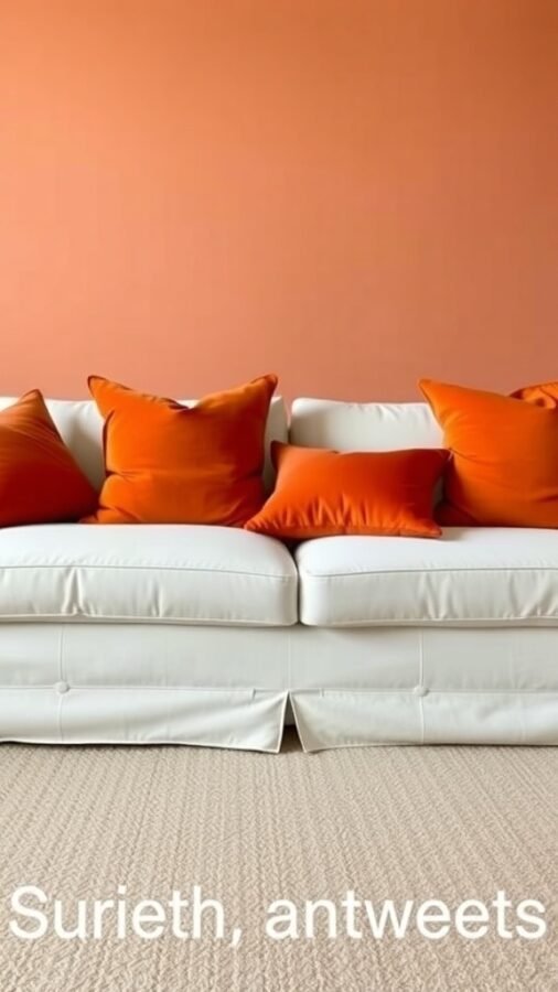 A white sofa adorned with burnt orange accent pillows against a warm orange wall.