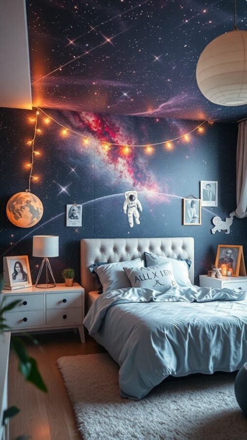 A teen boy's bedroom with galaxy decor, featuring a cosmic mural, string lights, and space-themed decorations.